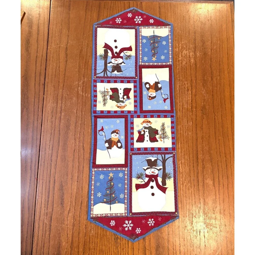 St Nicholas Square Snowman Christmas Table Runner 36x14 Applique Cotton